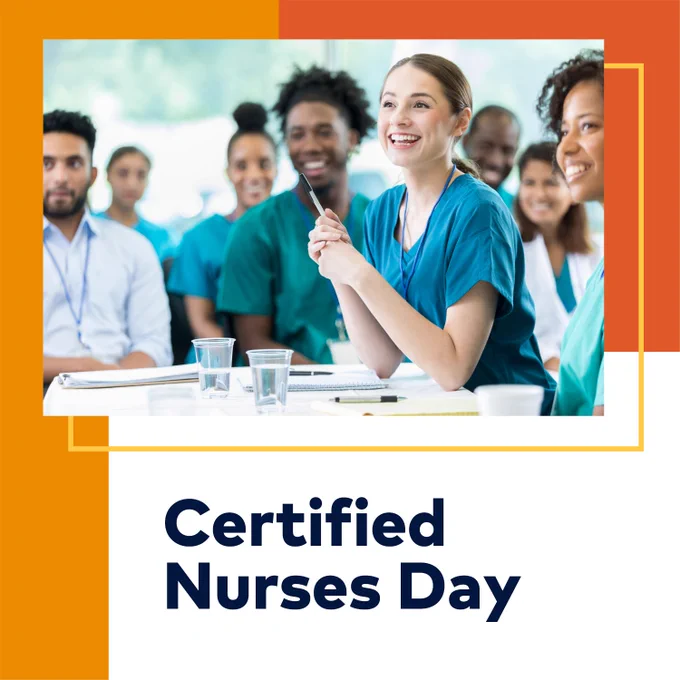 Female nurse using stethoscope, with text, “Certified Nurses Day”