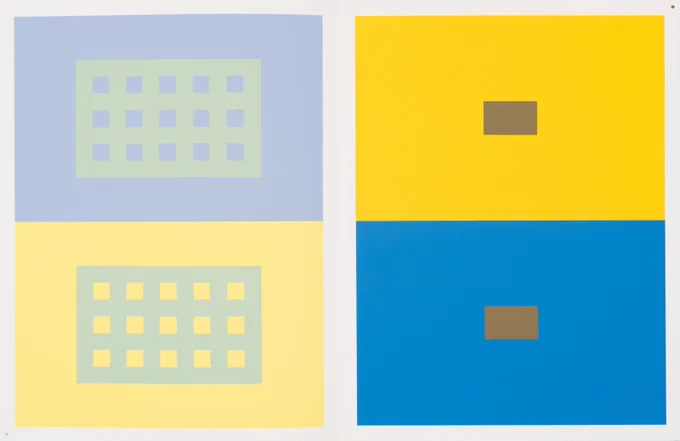  A painting of four rectangles of color with smaller grids inside, in yellow and blue colors.