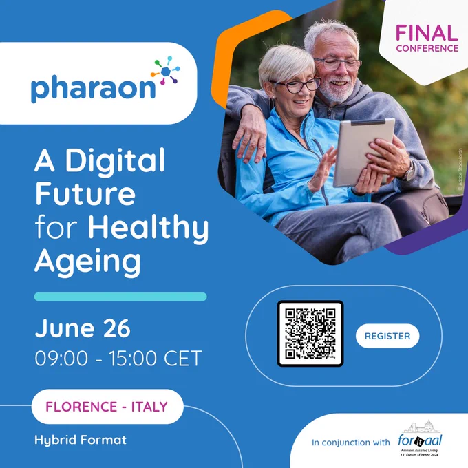 Visual design promoting the Pharaon Final Conference “Pharaon - A Digital Future for Healthy Ageing” featuring this text:

Pharaon - A Digital Future for Healthy Ageing
June 26 - 09h00-15h00 CET
Florence - Italy
Hybrid Format

Register - QR Code for register

In conjuction with foritAAL