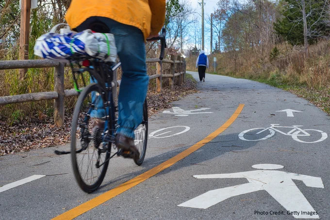 Cyclist and pedestrian on a separate marked trail.