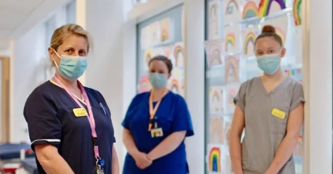 Image from NIHR showing three midwives. They are all wearing PPE face masks.