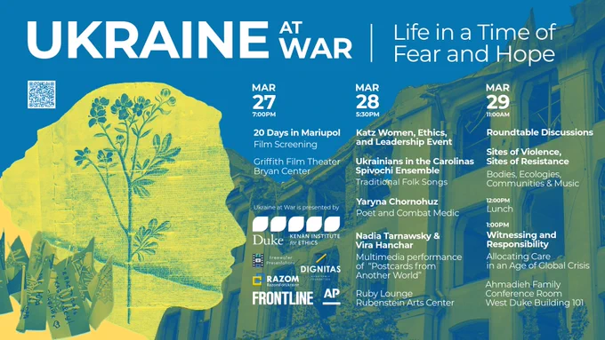 Ukraine at War: Life in a Time of Fear and Hope event flyer

Collaged images of a mural of a woman's silhouette with a flower rising through her head; a bombed building; and memorial flags; all duotoned with the yellow and blue colors of the Ukrainian flag. 
