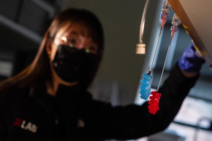 PhD candidate Faye Yap testing elastomeric actuators fabricated at different curing temperatures.