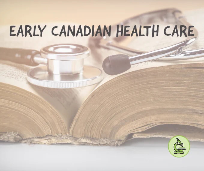 Early Canadian Healthcare text on a background featuring an open medical textbook with a stethoscope laid across it