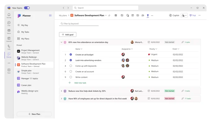 Planner app dashboard in Microsoft Teams.