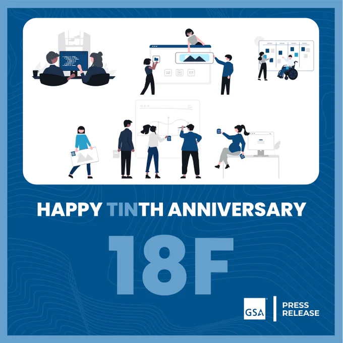 Illustrated people of various backgrounds interacting with different computer interfaces. Below is a headline that reads: Happy Tinth Anniversary 18F. 