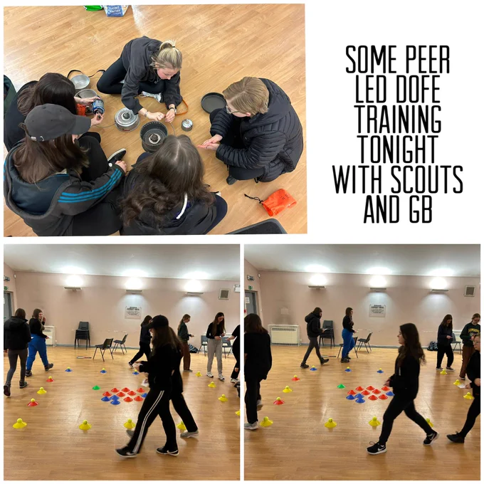 A collage showing a group of young people learning how to use a camping stove and playing navigation games with cones and balls.