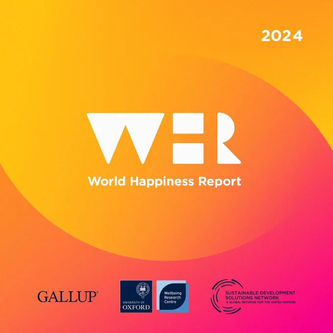 Logo of the World Happiness Report, presented alongside partner logos of Gallup, the Wellbeing Research Centre, and the UN Sustainable Development Solutions Network.