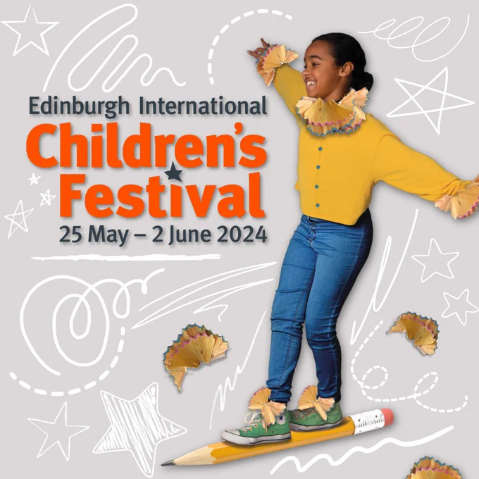 decorative image: a graphic of a young girl in blue and yellow balancing on a larger than life pencil with her arms outstretched, to her left is the children's festival logo, she is against a pale grey background covered in white doodles