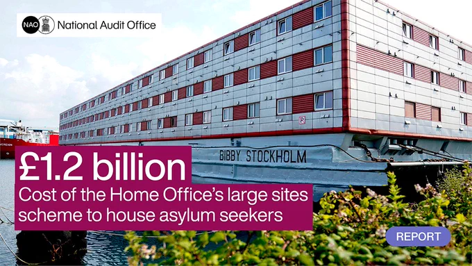 TEXT:
£1.2 billion
Cost of the Home Office's large sites scheme to house asylum seekers

BACKGROUND: The Bibby Stockholm