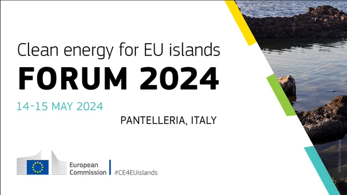 The image is split diagonally in two. On the left, over a white background, it reads: "Clean energy for EU islands Forum 2024 14-15 May 2024 Pantelleria, Italy." On the right side, a picture of water is displayed. 