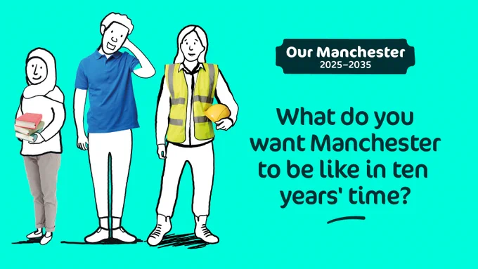 A teal background with Our Manchester character illustrations to the left. The text on the right reads, "Our Manchester 2025 - 2035. What do you want Manchester to be like in ten years' time?"