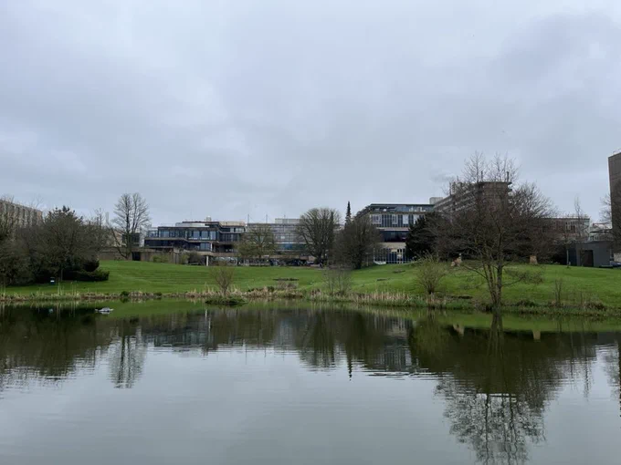 A lake with small green hills with modern, glass buildings in the background.