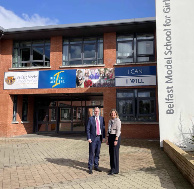 Education Minister Paul Givan pictured with Paula Stuart, Principal of Belfast Model School for Girls