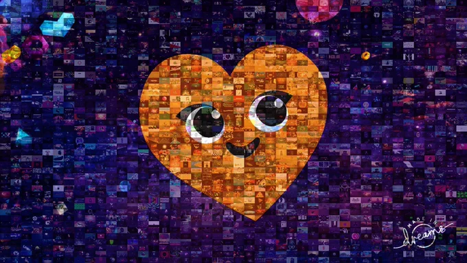 A collage of images of Dreams creations and Mm Picks and in the centre is an orange heart with a smiley face,