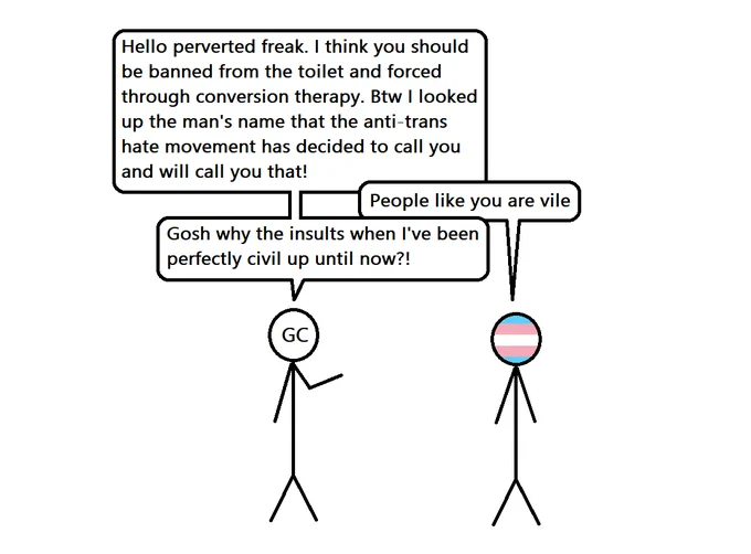 GC: Hello perverted freak. I think you should be banned from the toilet and forced through conversion therapy. Btw I looked up the man's name that the anti-trans movement has decided to call you and will call you that!
Trans person: People like you are vile
GC: Gosh why the insults when I've been perfectly civil up until now?!