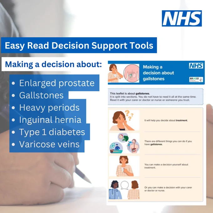 NHS logo top right. Words: Easy Read Decision Support Tools. Making a decision about:
Enlarged prostate, Gallstones, Heavy periods, Inguinal hernia, Type 1 diabetes, Varicose veins
Photo in background of a person's hand holding a pen. Graphic of one of the decision support tools easy read version.