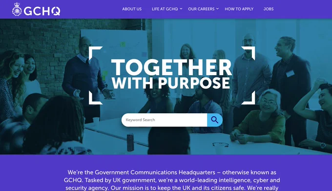A blue and purple graphic taken from the front page of the GCHQ careers page. The writing reads Together with purpose