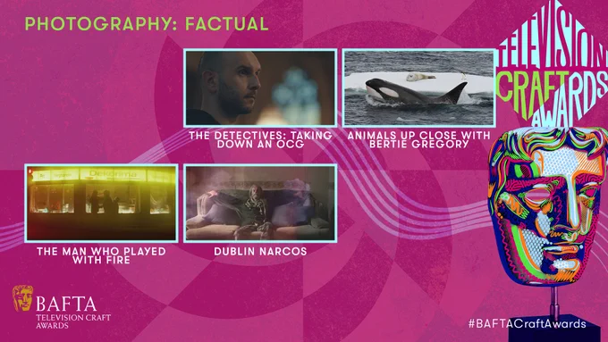 A pink graphic card with subdued accent patterns. The card is titled "Photography: Factual" and the iconic BAFTA mask sits to the right of the card under a light blue and green diamond shape typographic element that reads 'Television Craft Awards'. The mask is stylised with green, orange, pink and blue doodles over it. The BAFTA Television Craft Awards logo sits in the bottom left corner. Stills of the following nominees are laid out in two rows:

Top Row: The Detectives: Taking Down an OCG, Animals Up Close with Bertie Gregory
Bottom Row: The Main Who Played With Fire, Dublin Narcos
