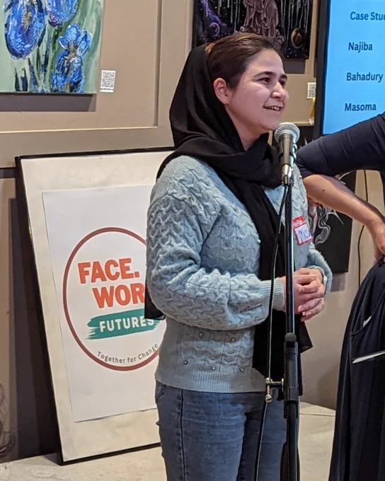 Masoma speaking at the Facework Futures launch event