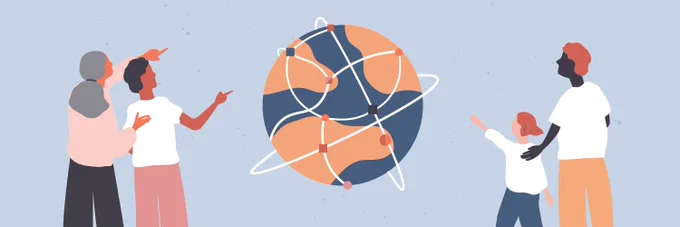An illustration on a pale blue background shows three adults and a child pointing up towards Earth which is encircled by white lines and dots demonstrating points of connection and relationships.