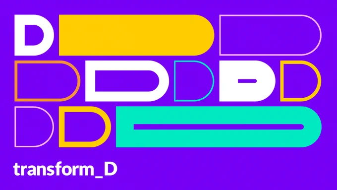 Ein lila Hintergrund mit weißen und gelben Buchstaben D. Dazu das Wort "transform_D"
