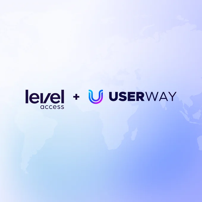 Logos of Level Access and UserWay are centered against a world map backdrop in gradient shades of blue and purple. 