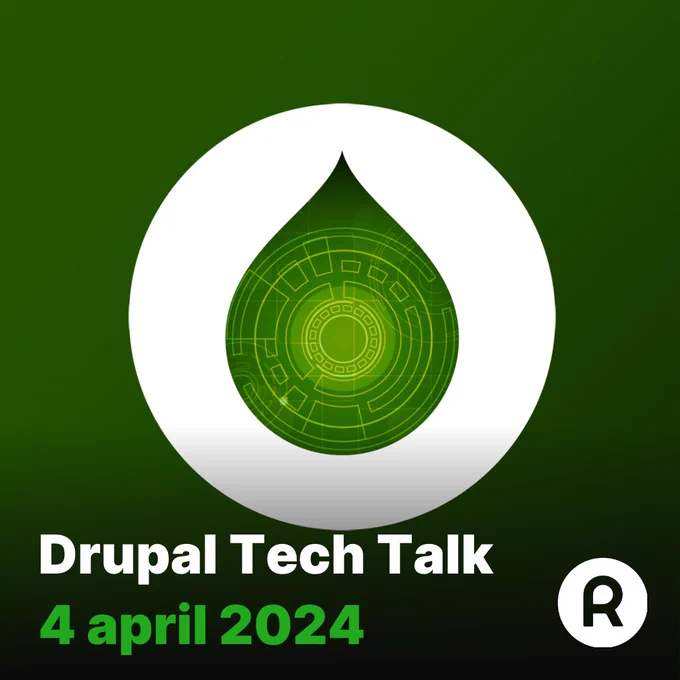 Drupal Tech Talk logo met naam en datum en React Online logo 