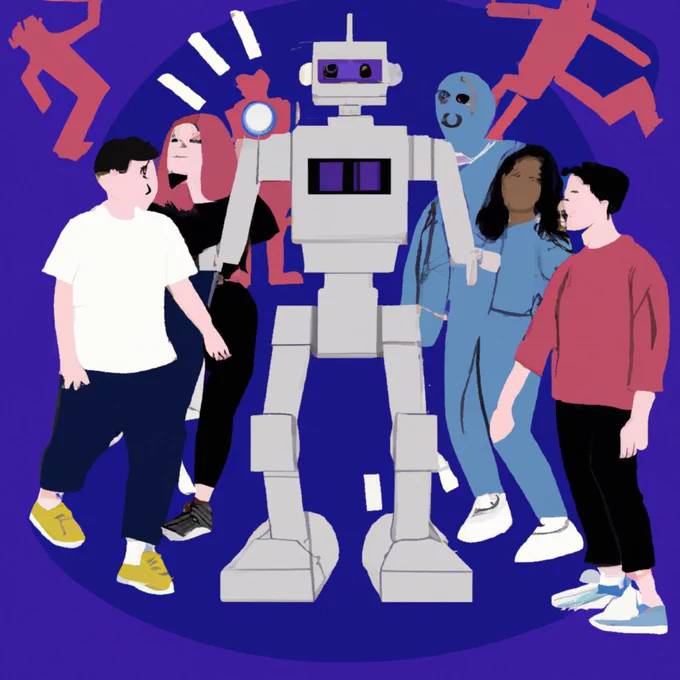 KI-generiertes Bild, das mit DALL:E aus dem Prompt entstanden ist "a colorful illustration of a group of youth interacting with robots"