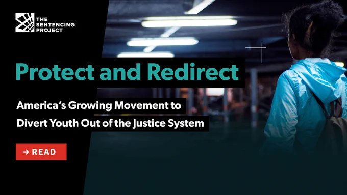 Young woman wearing a blue jacket with text that says "Protect and Redirect: America's Growing Movement to Divert Youth Out of the Justice System."
