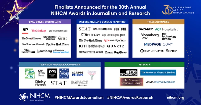 Finalists Announced for the 30th Annual NIHCM Awards in Journalism and Research; 30 Years of Celebrating NIHCM Awards; Data-Driven Storytelling: Logos - Associated Press, The Markup, The Washington Post, The News & Observer, The Charlotte Observer, Grist, San Francisco Chronicle, The New York Times, The Guardian, Bloomberg News, Milwaukee Journal Sentinel; Investigative & General Reporting: Logos - STAT, MuckRock, Fortune, The Tributary, The Washington Post, The New York Times, Type Investigations, KFF Health News, Quartz, The Wall Street Journal, Tampa Bay Times; Trade Journalism: Logos - Undark, ACP Hospitalist, Bloomberg Law, MIT Technology Review, MedPage Today, BioPharma Dive, Science; Television & Audio Journalism: Logos - Arm & A Leg, KFF Health News, Tradeoffs, WAVE, Scripps News, The Nocturnists, Dinky Pictures, STAT, ABC News; Research: Logos - Journal of Health Economics, The Review of Financial Studies, The American Economic Review, JAMA Internal Medicine; NIHCM Foundation