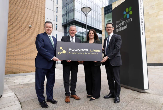 Pictured are (L-R) Kieran Donoghue, CEO, Invest Northern Ireland, Conor Murphy, Minister for the Economy, Claire Halliday, Ormeau Baths  and Steve Baker, Minister of State for Northern Ireland.  They are pictured outside Invest NI headquarters in Belfast.