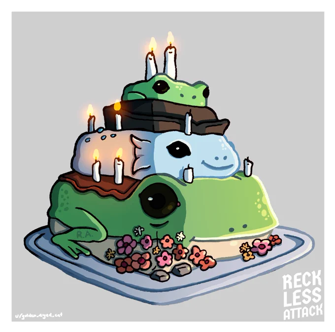 A drawing of a cake where each tier is shaped like a frog