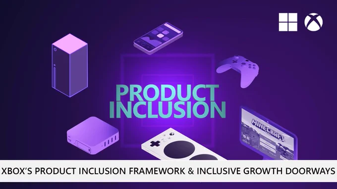 Xbox Product Inclusion slide with a purple background and a variety of icons - mobile phone, an Xbox controller, Xbox Series X, and the Xbox Adaptive Controller.

Text on the bottom: "Xbox's Product Inclusion Framework & Inclusive Growth Doorways"