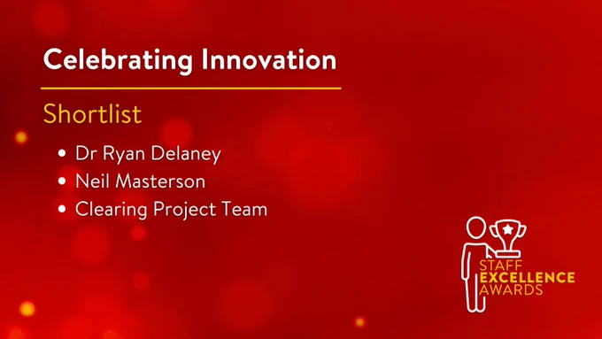 Image shows a red tile with the text: 

CELEBRATING INNOVATION
Shortlist

Dr Ryan Delaney 

Neil Masterson 

Clearing Project Team 