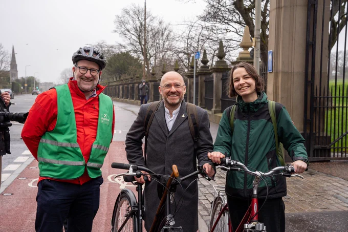 Photo of Green minister Patrick Harvie with Green councillors Jule Bandel and Chas Booth at the launch of CCWEL. 
Photo credit: Cammy Glasgow, Scottish Greens