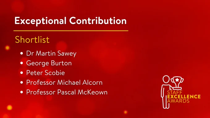 Image shows a red tile with the text:

EXCEPTIONAL CONTRIBUTION
Shortlist
Dr Martin Sawey 
George Burton 
Peter Scobie
Professor Michael Alcorn 
Professor Pascal McKeown 

