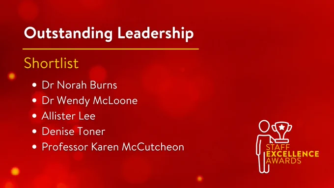 Image shows a red tile with the text:

OUTSTANDING LEADERSHIP
Shortlist
Dr Norah Burns 
Dr Wendy McLoone 
Allister Lee 
Denise Toner
Professor Karen McCutcheon 