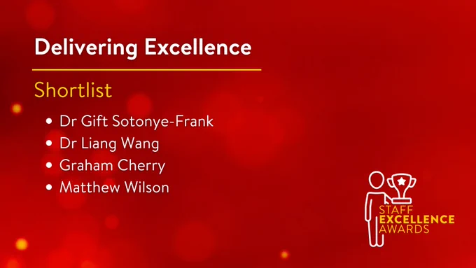Image shows a red tile with the text:
DELIVERING EXCELLENCE
Shortlist
Dr Gift Sotonye-Frank
Dr Liang Wang 
Graham Cherry 
Matthew Wilson 