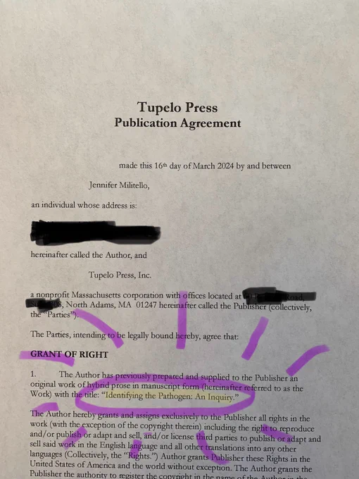 A contract agreement with the book title Identifying the Pathogen highlighted