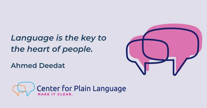 Language is the key to the heart of people- Ahmed Deedat. Next to the stated text there is a large outlined speech bubble with a pink background. 