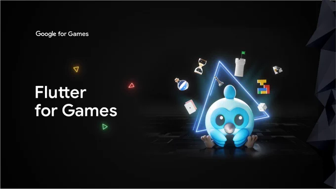 Small text that reads, "Google for Games" above larger text, "Flutter for Games". Flutter mascot, Dash, is to the right of the text surrounded by gaming icons.