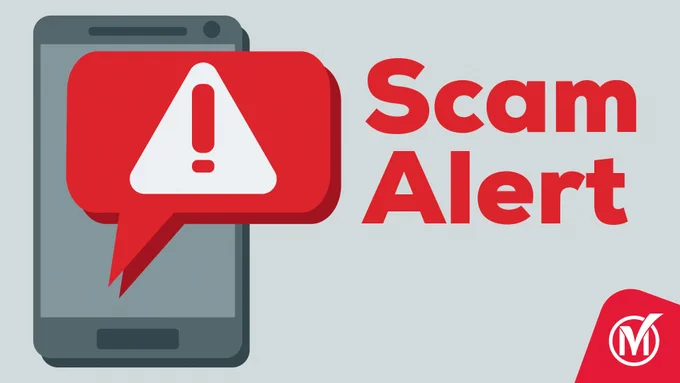 Illustration of a phone with an alert. Text reads "Scam Alert".