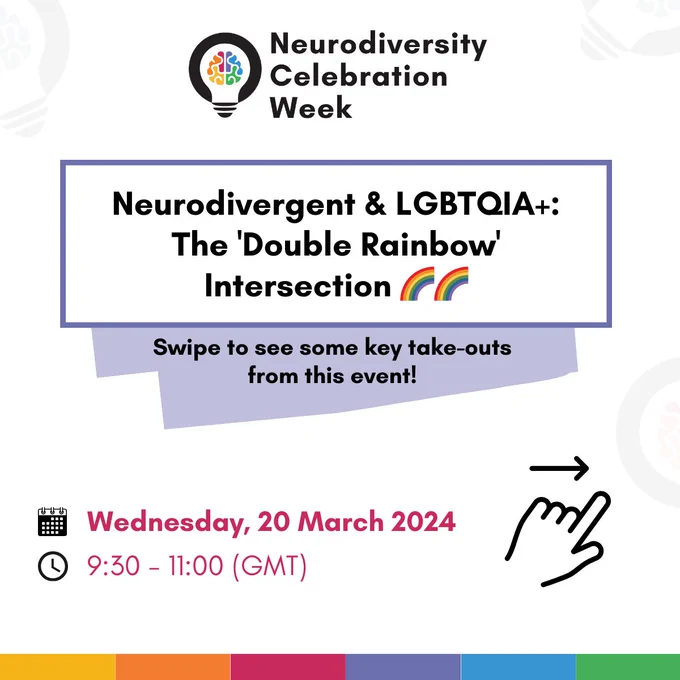 White card with the Neurodiversity Celebration Week logo at the top and an purple box in the middle featuring the text "Neurodivergent & LGBTQIA : The 'Double Rainbow' Intersection 🌈🌈 - Swipe to see some key take-outs from this event!"