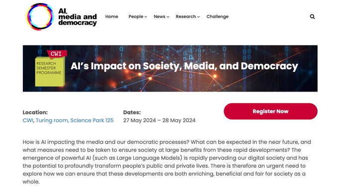 A screenshot of the front page for the CWI research semester programme on AI’s Impact on Society, Media, and Democracy https://www.aim4dem.nl/cwi-semester-programme/