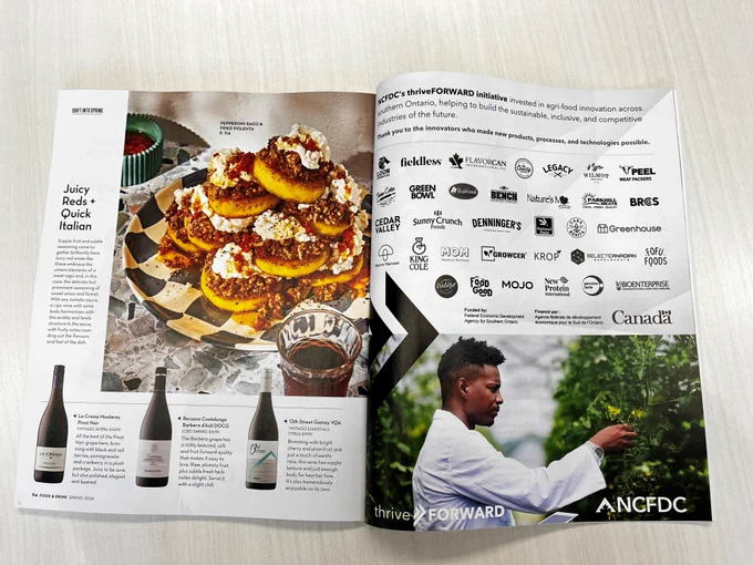 Magazine open to NCFDC's thriveFORWARD agri-food innovation feature, displaying about 30 logos of companies backed by FedDev Ontario and the Government of Canada.
