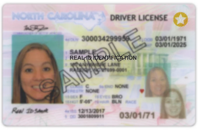 Sample image of a NC state real id drivers license