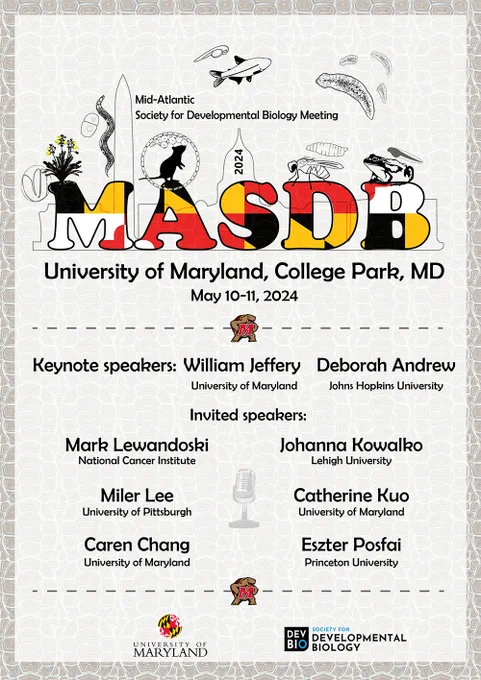 Mid-Atlantic Society for Developmental Biology Meeting Poster
MASDB letters in black, red, gold, and black with research organisms including Arabidopsis, C. elegans, mouse, fly, frog, zebrafish, and planaria.
University of Maryland, College Park, MD
May 10-11, 2024
Keynote Speakers: William Jeffery, University of Maryland; Deborah Andrew, Johns Hopkins University
Invited Speakers: Mark Lewandoski, National Cancer Institute; Miler Lee, University of Pittsburgh; Caren Chang, University of Maryland; Johanna Kowalko, Lehigh University; Catherine Kuo, University of Maryland; Eszter Posfai, Princeton University

