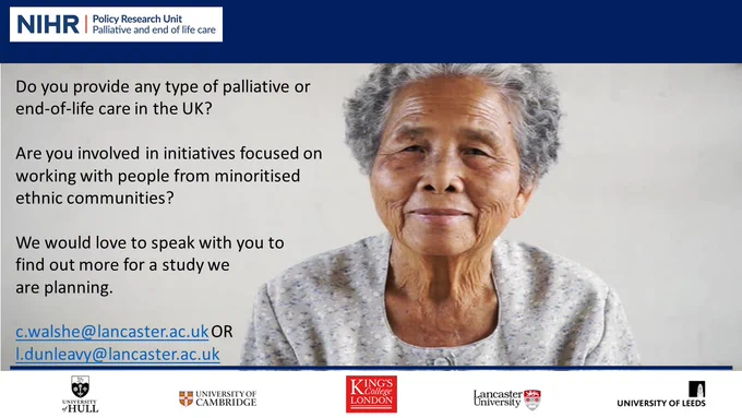 Picture of an older person with text asking if people are working in palliative care and alongside people from minoritised ethnic communities. 
