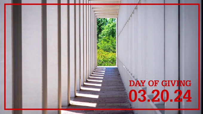 A long hallway with a forest on the other side. Over it are the words, "Day of Giving, 03/20/24."